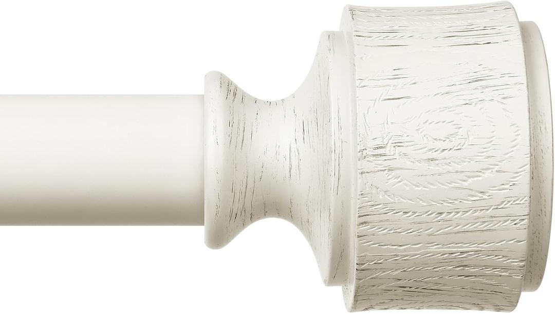 Antique White Wood Curtain Rod, Decorative Heavy Duty Curtain Rods for Windows 30 to 56 Inch, Adjustable Rustic Farmhouse 1'' Metal Drapery Pole with Modern Faux Wood Grain Finials