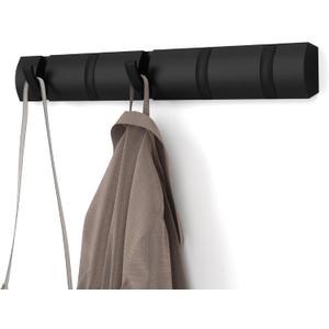 Umbra Flip Wall-Mounted Coat Rack with 5 Hooks Modern, Space-Saving Storage for Hats, Jackets, Bags, Entryway, Mudroom, Closet, Bathroom, Bedroom Black