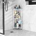 SWTYMIKI Corner Shower Caddy Standing - 3 Tier Stainless Steel Shower Organizer Stand with 4 Hooks & Soap Holder, Rustproof Metal Standing Tall Floor Shower Shelf and Bathroom Organizer, White