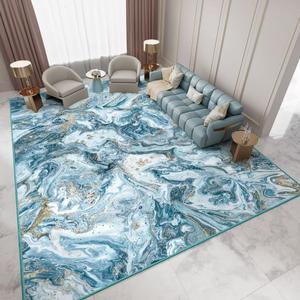 Washable Area Rug 5x7 - Artistic Style Modern Rug for Living Room Bedroom Dining Room, Soft Low Pile Machine Washable Carpet, Non Slip Non Shedding Area Rug - Blue/Gold, 5'x7'