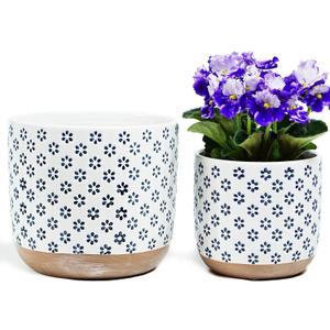 4 + 6 Inch Ceramic Pots for Indoor-Outdoor Plants, Succulent Plant Pots, Orchid Flower Pots with Drainage Hole, Stoneware Planter, Set of 2 (Blue Small Flower, 6 + 4.3 Inch)