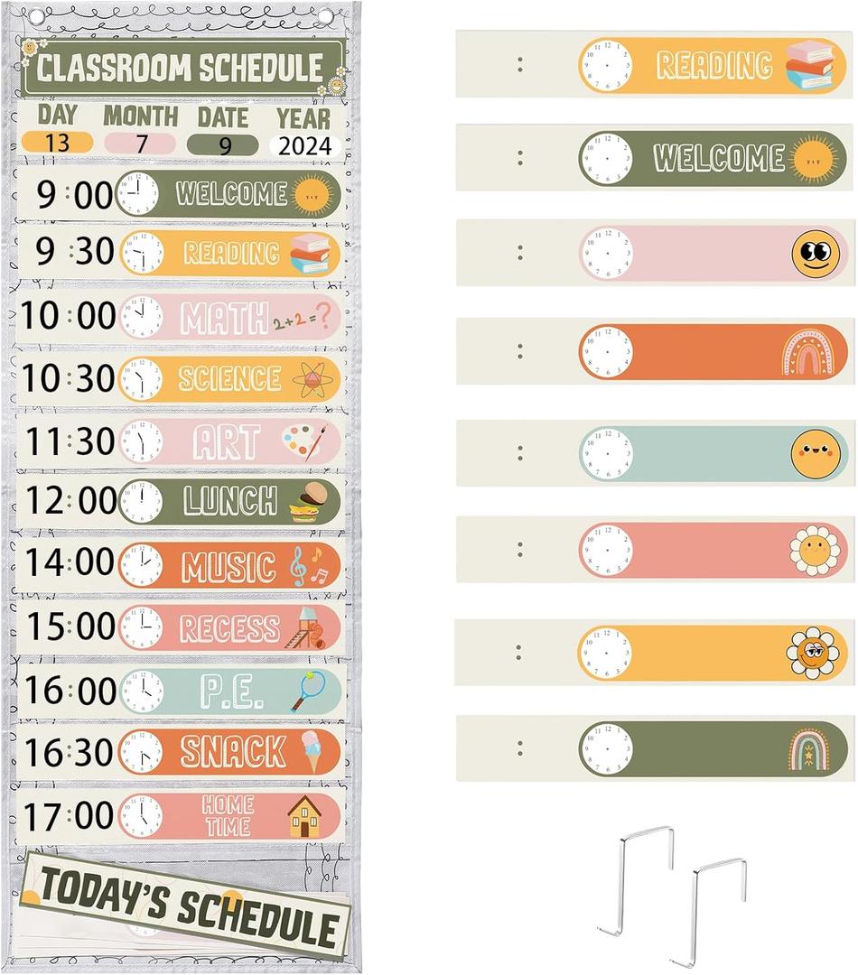 Daily Schedule Pocket Chart for Classroom, Calendar Pocket Chart 13+1 Pockets, 21 Reusable Cards for Classroom School 13" x 36" (Bright Color,Retro)