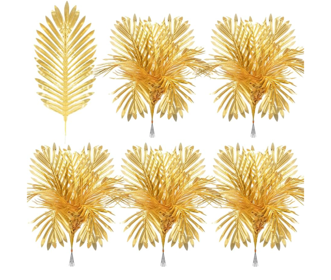 Giegxin 30 Pcs Artificial Palm Leaves for Palms Sunday Large Faux Plants Holy Week Decor Palm Fronds Fake Tropical Tree Leaves for Easter Wedding Jungle Party Decorations(8 x 20.5 Inch,Gold)