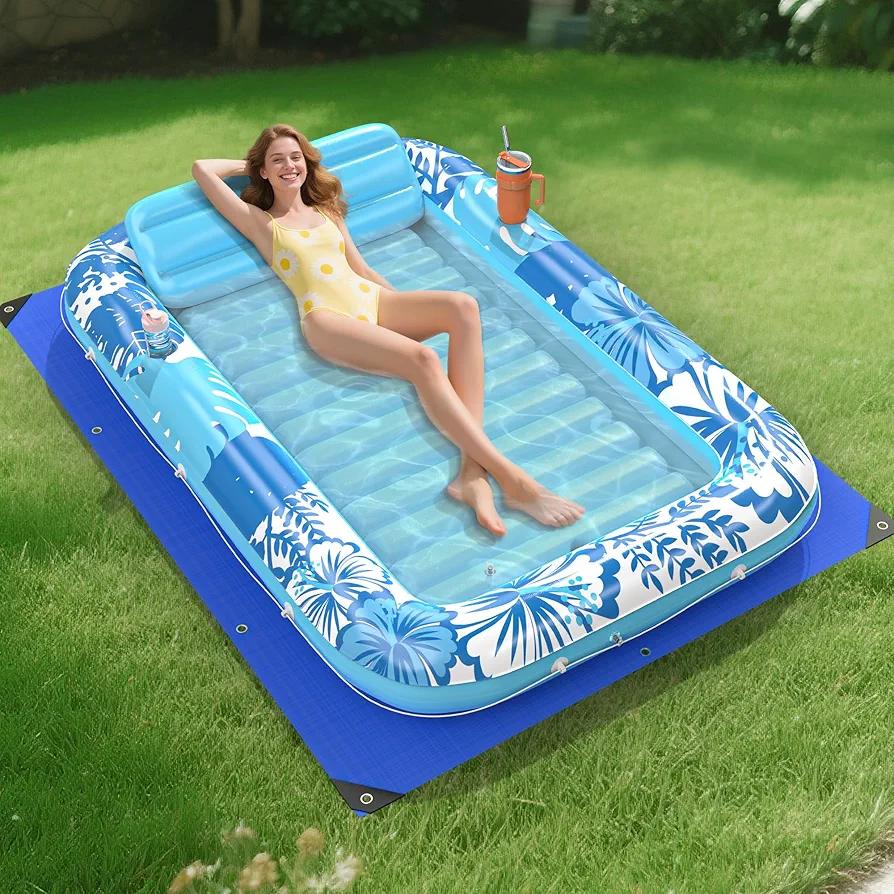 Inflatable Tanning Pool Lounger Float with Protection Tarp, 85" x 57" Pool Floats Adult with Pillow, 6 in 1 Suntan Tub Raft Floatie, Sunbathing Water Bed Lounge Blow Up Kids Ball Pit Party Gifts-Blue