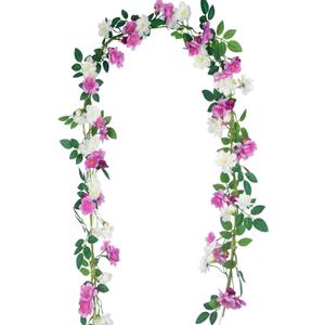 2 Pcs Artificial Flowers Garland for Outdoors Faux Gardenia Garland 12Ft Purple and White Silk Rose Hanging Vines Floral for Wedding Arch Party Wall Garden Ceremony Backdrop Fence Spring Decor