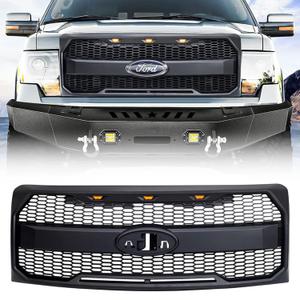 AMERICAN MODIFIED Raptor Style Mesh Grill with Amber LED Lights and Emblem Base Compatible with 2009 to 2014 Ford F150 Models, Matte Black