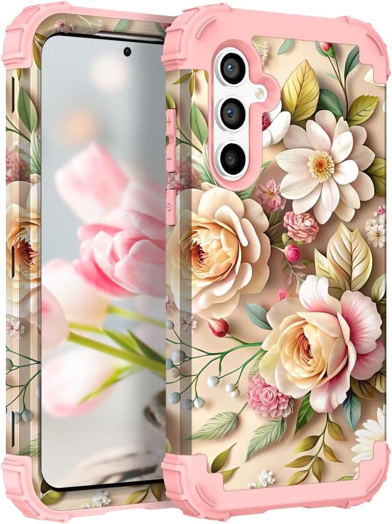TEECOVER for Samsung Galaxy S25 Case, Heavy-Duty Shockproof Full Protection Hard Plastic Bumper + Soft Silicone Rubber Protective Case for Galaxy S25 6.2-Inch, Rose Gold Flowers