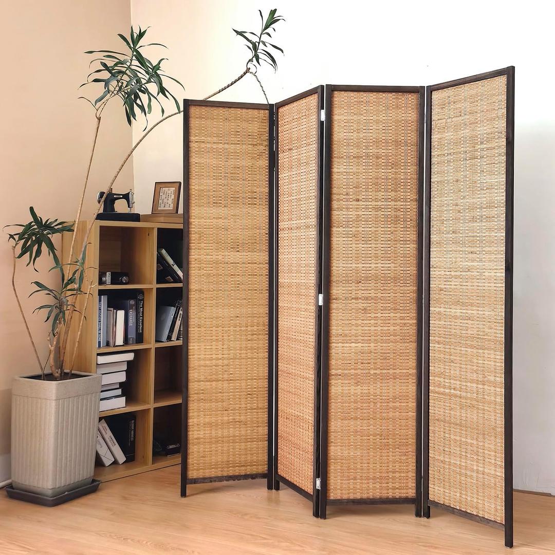 4 Panel Bamboo Room Divider Screen,5.6 FT Tall Bamboo Divider Folding Panel Screen,Freestanding Panel Divider for Room Seperation,Brown