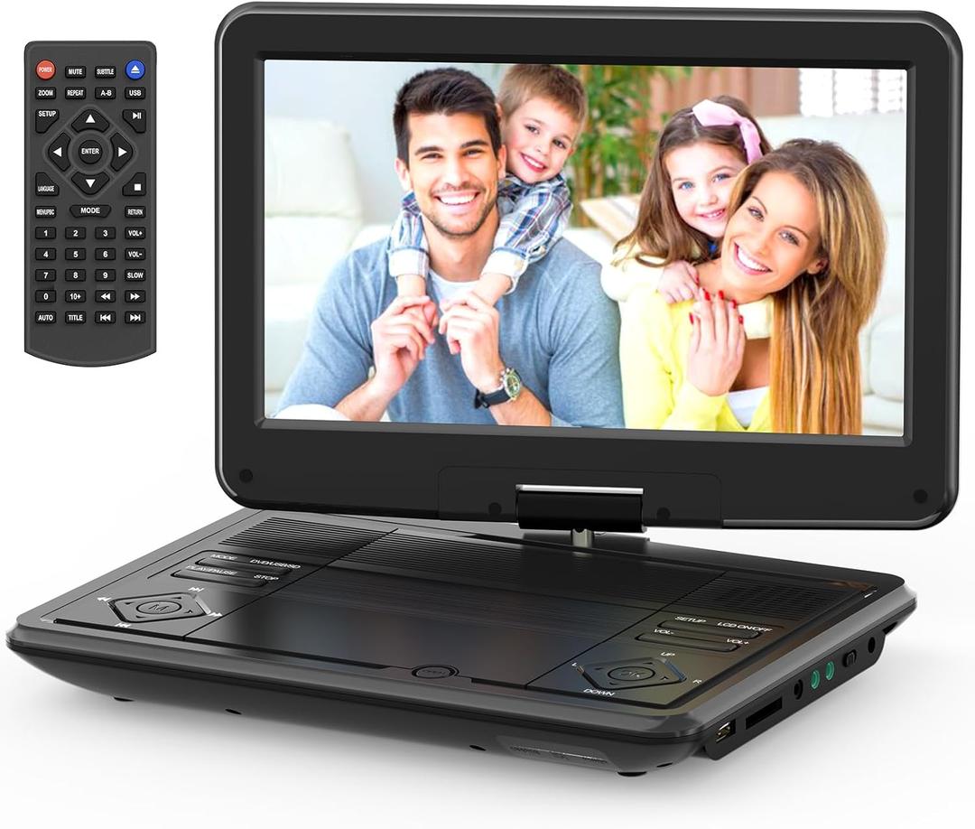 12.5" Portable DVD Player with 10.5" Swivel Screen, 5-Hours Rechargeable Battery,Car DVD Player,Support CD/DVD/SD Card/USB,Regions Free,Dual Speakers, Black