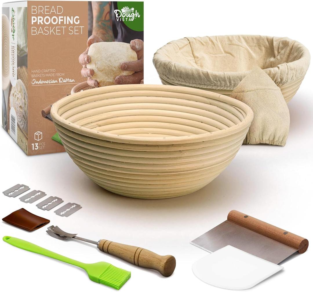 Banneton Bread Proofing Basket, 13 Pc Sourdough Starter Kit, 2 x Round 9 Inch Basket, Lame, Blades, Scrappers, Cotton Cover, Silicone Brush, & More - Sourdough Bread Baking Starter Kit