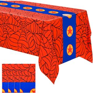 4 Pcs Spider Theme Tablecloths - 54x108 Inch Disposable Plastic Table Covers Rectangular Tablecloth for Birthday & Halloween Parties, Red & Blue with Hero Star