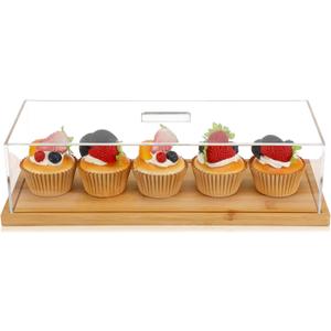 1 Pack Rectangle Cake Stand with Lid Bamboo Cake Plate Holder Cookie Dessert Tray with Lid Pastry Display for Kitchen Baking Gifts, Large Rectangle Tray Platter and Acrylic Cover, 15 x 6.5''
