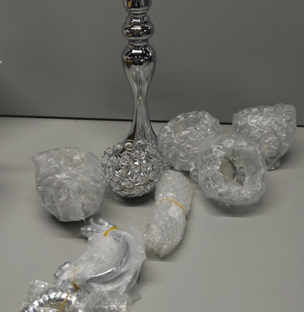 Silver 5 Arms 22.5 Inch Crystal Exquisite Candle Holder with Pendant, Elegant Table Decoration Home Decor for Restaurant Party Birthday Wedding Date, 1 Pack