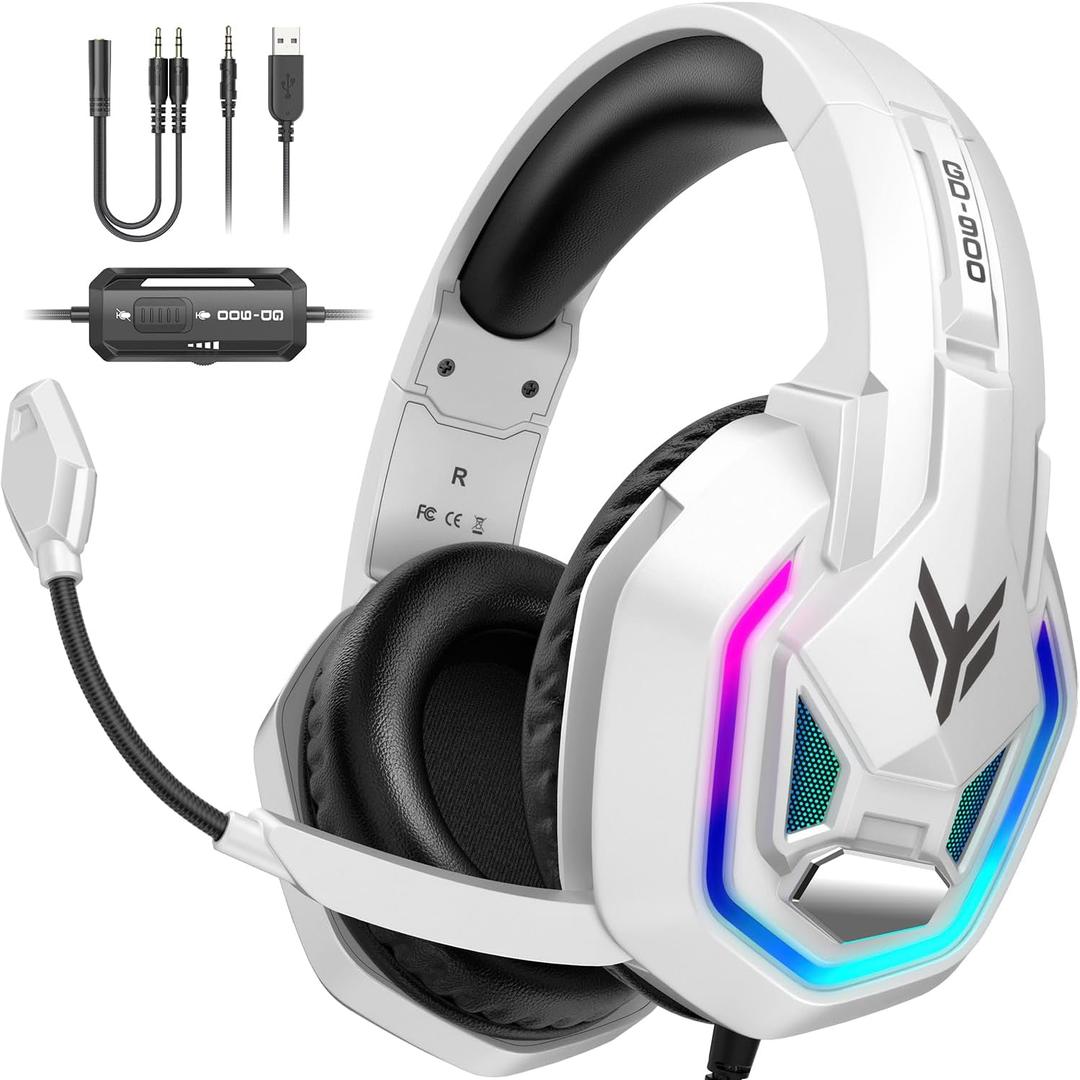 Gaming Headset for PS5, PS4, Xbox Series X|S, Xbox One, PC, Switch, Mac - RGB Over-Ear Headphones with 7.1 Surround Sound, Noise Cancelling Mic, 50mm Drivers & Memory Earmuffs for Nintendo 64 (White)