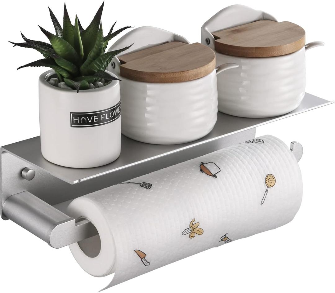 Paper Towel Holder with Shelf for Kitchen, Paper Towel Holder Wall Mount for Bathroom, Self-Adhesive Anti-Rust Aluminum, No Drill or Wall-Mounted with Screws (Dull Polished Silver)