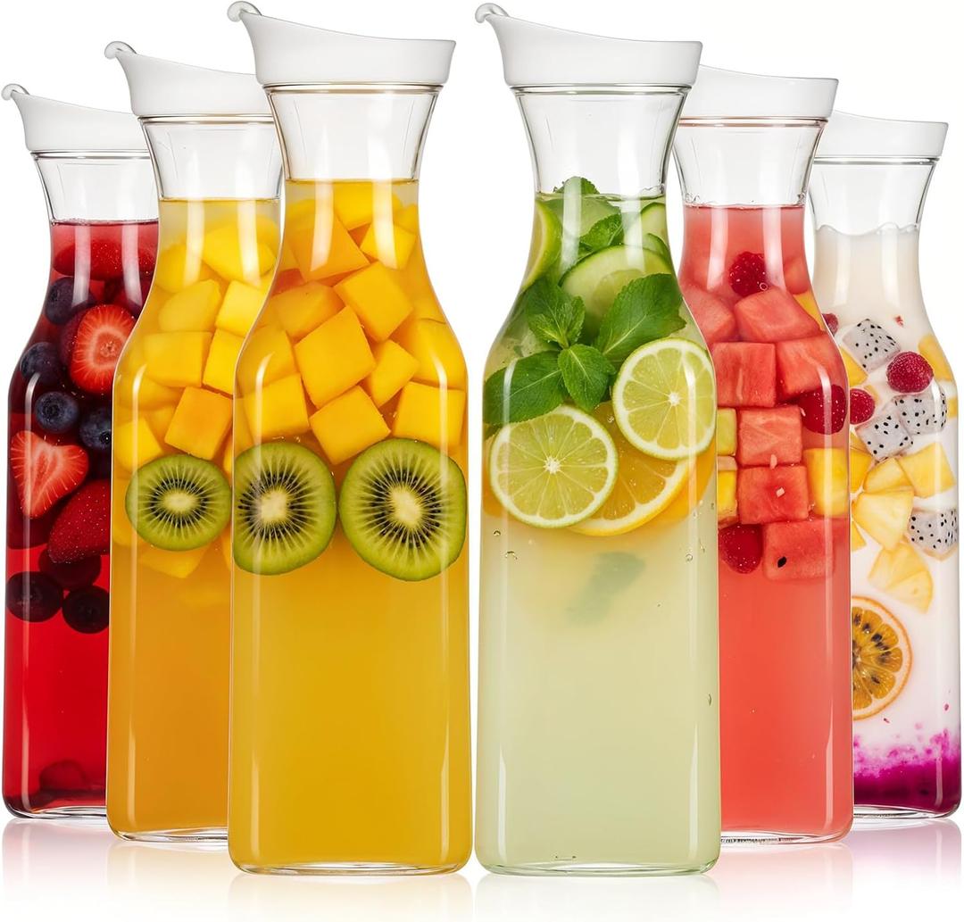 Kifmurase 6Pcs Plastic Water Carafe with Flip Top Lid, 50 Oz Square Base Clear Plastic Juice Container Pitcher, Milk Bottle, Clear Beverage Containers for Water, Iced Tea, Juice, Beverage, Milk