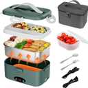 Electric Lunch Box with 3 Temperature Levels, 100W Fast Heating heated lunch box, 12V/24V/110V 1.8L Portable Food Warmer for Office, Car, and Truck, Includes Upgraded Bag & Extra Compartments(Green)