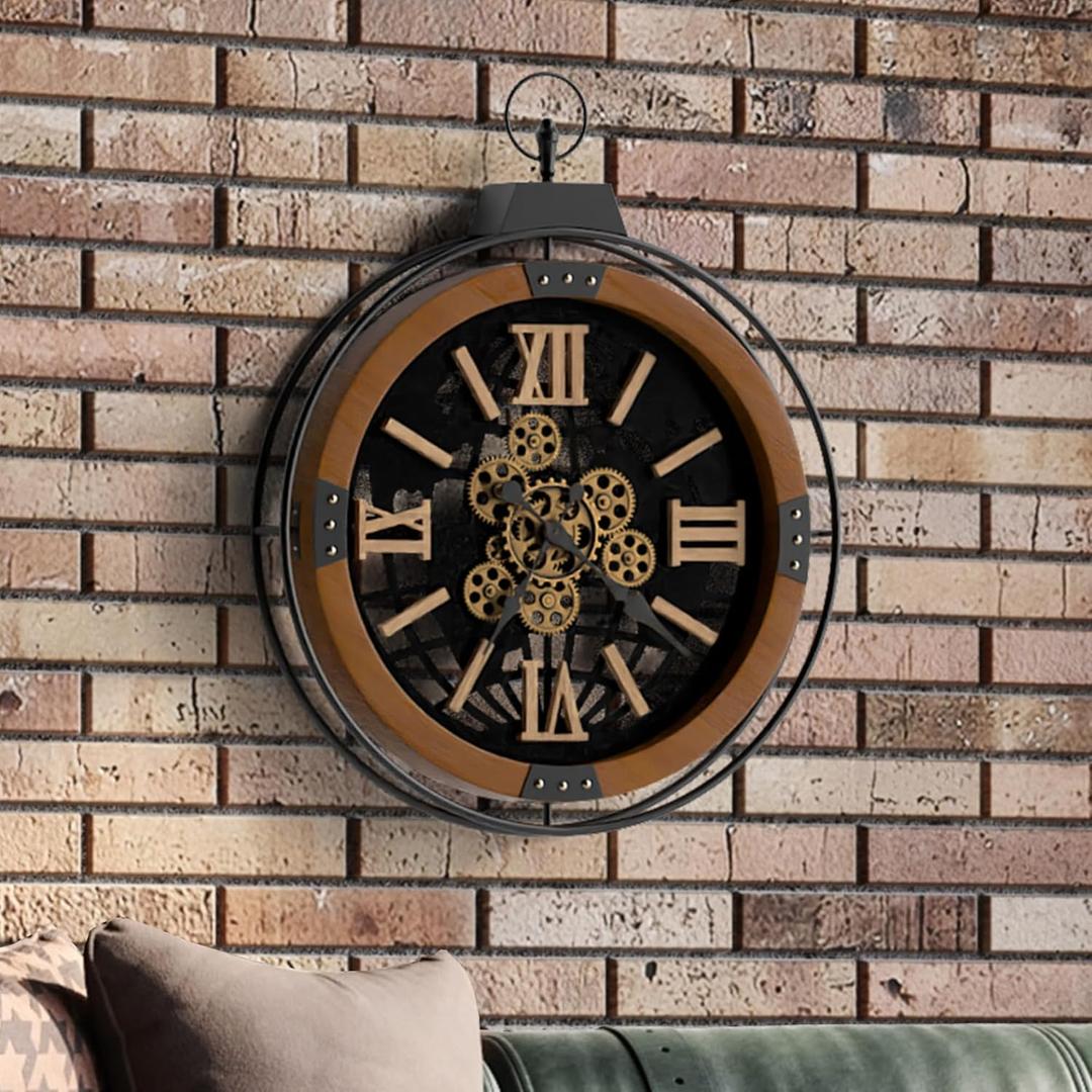 Driini 24 Inch Large Rustic Farmhouse Gear Clock with Moving Gears  Vintage Oversized Wall Clock with Iron Frame  Giant Industrial Steampunk Wall Clock for Living Room Dcor (Walnut)