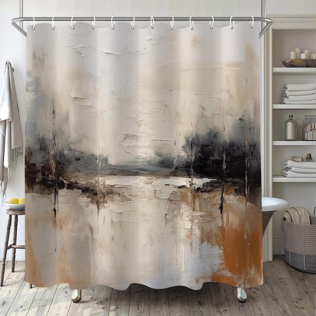 Oil Painting Abstract Shower Curtain for Bathroom, Brown Black Grey White Boho Shower Curtain Set, Cream Beige Art Fabric Modern Waterproof Bathroom Decor with 12 Hooks 72x72in YLATY1013
