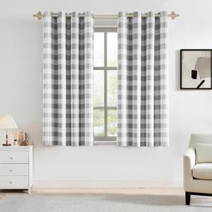 Buffalo Plaid 90% Blackout Window Curtains for Bedroom & Living Room Thermal Insulated Checkered Gingham Drapes with Grommet Top, Farmhouse Rustic Room Darkening 2 Panels 52x63 Inch,Grey/White