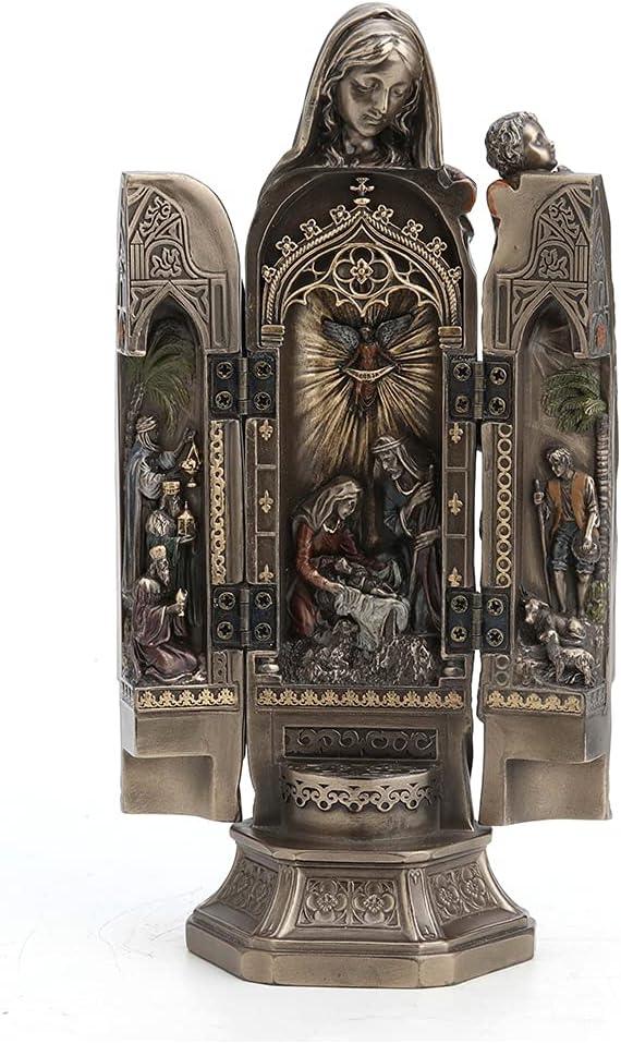 Veronese Design 7 7/8 Inch Tall Madonna and Baby Jesus Triptych Religious Decor Gift Cold Cast Bronzed Resin Faith Collecitbles Nativity Design