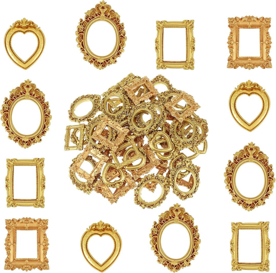 90 Pcs Vintage Mini Picture Frames, Small Gold Resin Picture Frame Baroque Antique Resin Jewelry Frame Oval Square Heart Miniature Display Table Wall Hanging Frames for Home Wedding Christmas Decor