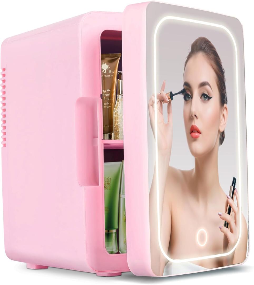 Skincare Fridge with LED Mirror, 6L/8 Cans Mini Fridge for Bedroom, Portable Cooler & Warmer 110V AC/12V DC Compact Small Cosmetic Small Refrigerator for Skin Care, Drinks, Office and Car, Pink