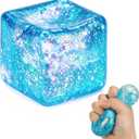 3 x Glitter Ice Cube Squishy Fidget Toys, Slow Rising Stress Relief Squeeze Toy | Square Stress Ball Filled with Thick Substance and Glitter, Nice Gift for Adults and Kids, Office Desk Toy for Anxiety Relief