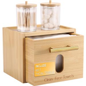 Disposable Face Towel Holder Bamboo Storage Box with 60 XL Towels, Cotton Balls Holders, Facial Towels Container Box with Drawer, Towel XL Organizer for Bathroom, Makeup Remover Dry Wipes Washcloths
