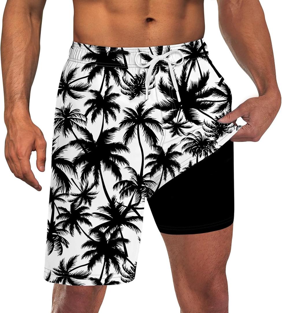 Goodstoworld Men's Funny Swim Trunks with Compression Liner 2 in 1 Quick-Dry 9" Stretch Shorts with Three Pockets (White, XL)