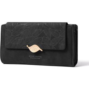 Women's Wallet Leather RFID Blocking Bifold Clutch Large Capacity Credit Card Holder with Coin Zipper Purse (A02 Black)