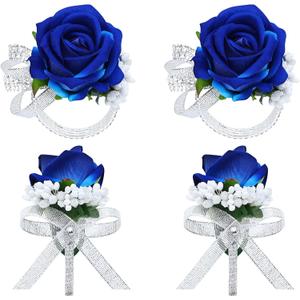 2 x 4Pcs Blue Corsage and Boutonniere Set, Artificial Rose Wrist Corsage Bracelets, Men Boutonniere for Wedding Ceremony Decorations Prom Homecoming Party Flower Accessories