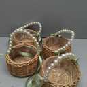 Thyle 4 Pcs Flower Girl Baskets with Handle, 7.87 x 4.33 Inch, Wicker Rattan Lightweight Brown Rustic Flower Girl Baskets for Wedding Ceremony, Bridal Shower and Home Decoration(Green Ribbon,Pearls)