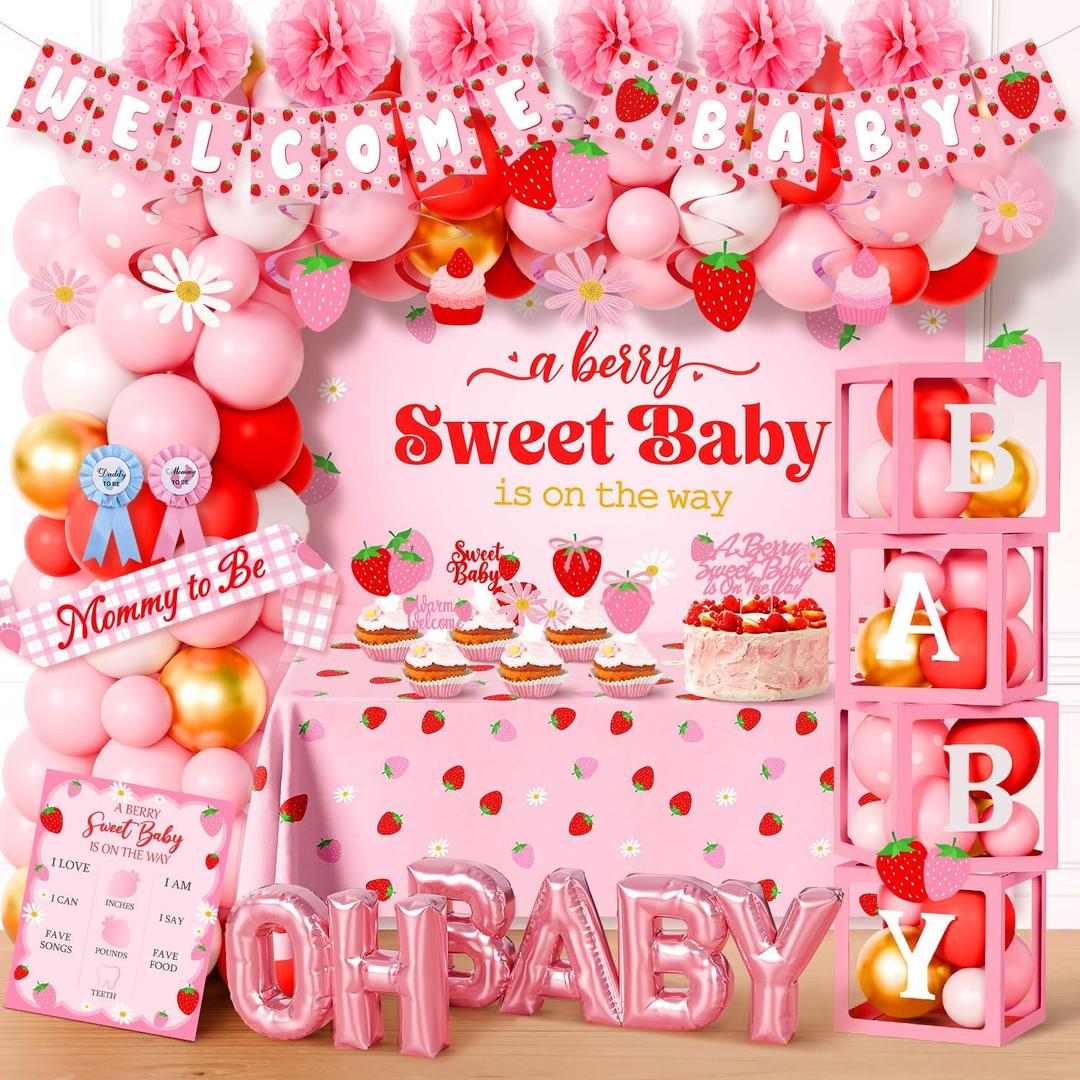 Strawberry Baby Shower Decorations Party Supplies - A Berry Sweet Baby Party Decor with Balloon Garland Arch, Backdrop, Tablecloth, Banner, Balloon Boxes, Cake Toppers, Mommy to Be Sash