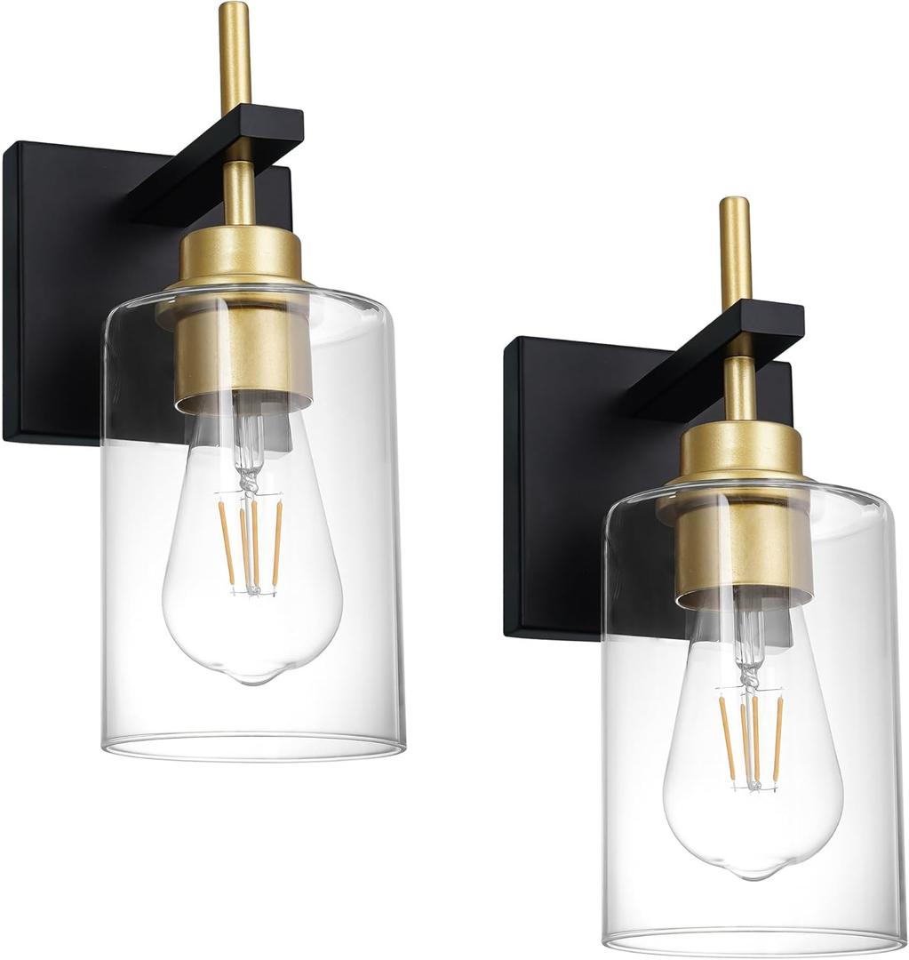 DSMJFU Hardwired Black and Gold Wall Sconces Set of Two, Sconce Wall Lighting Set of 2,Modern Glass Bathroom Wall Light, Wall Mounted Light for Bedroom Living Room Hallway (Clear)