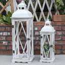 Farmhouse Wooden Lantern Set, 2-Piece Rustic Candle Lanterns, Vintage Large 9 x 9 x 29 & Small 6.3 x 6.3 x 20.4 Lanterns for Indoor & Outdoor Decor, Decorative Lanterns Without Glass Panels