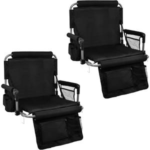 Stadium Seat with Back Support, Bleach Seat with Backrest and Cushion, Stadium Chair with Cup Holders, Mesh Bag and Hidden Hook for Basketball and Soccer Bench (Black)