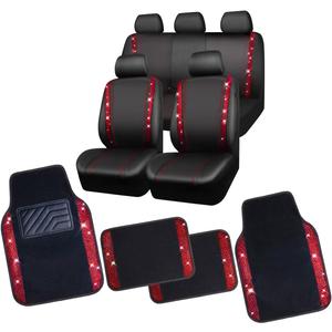 CAR PASS Bling Car Seat Covers Full Set, Shining Rhinestone Diamond Waterproof Faux Leather, Rear with Zipper, Shining Rhinestones Carpet, Bling Crystal Diamond Sparkly Glitter Car Floor Mat, Red