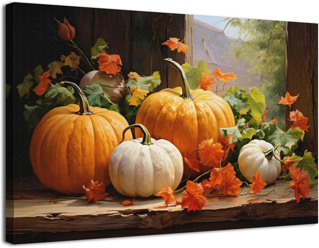 Pumpkin Canvas Wall Art Fall Pictures Maple Leaf Autumn Decor Thanksgiving Wall Framed Prints Rustic Halloween Themed Wall Decor Modern Artwork for Living Room Kitchen Bedroom Home Decorations 16x24