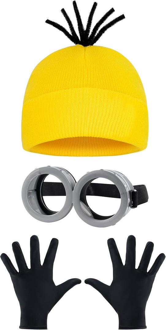 3Pcs Halloween Costume Accessories Adult Steampunk Goggles Glasses Yellow Beanie Hats Black Gloves Women Party Set (Yellow)