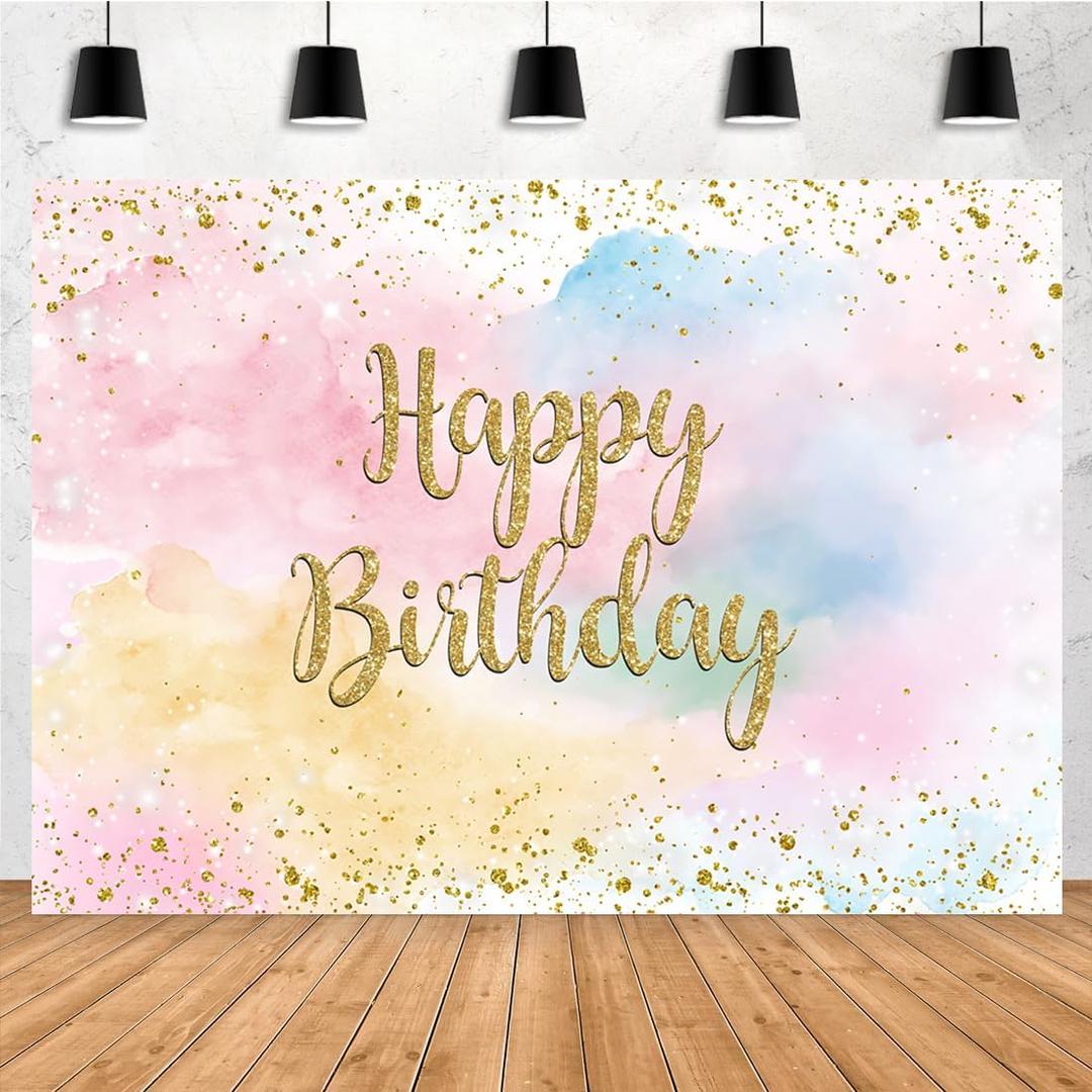 Pastel Rainbow Cloud Happy Birthday Backdrop for Girls Women 9x6ft Glitter Gold Dots Sweet 16 18th 21st Bday Photography Background Party Decoration Banner Cake Table Supplies Photo Booth