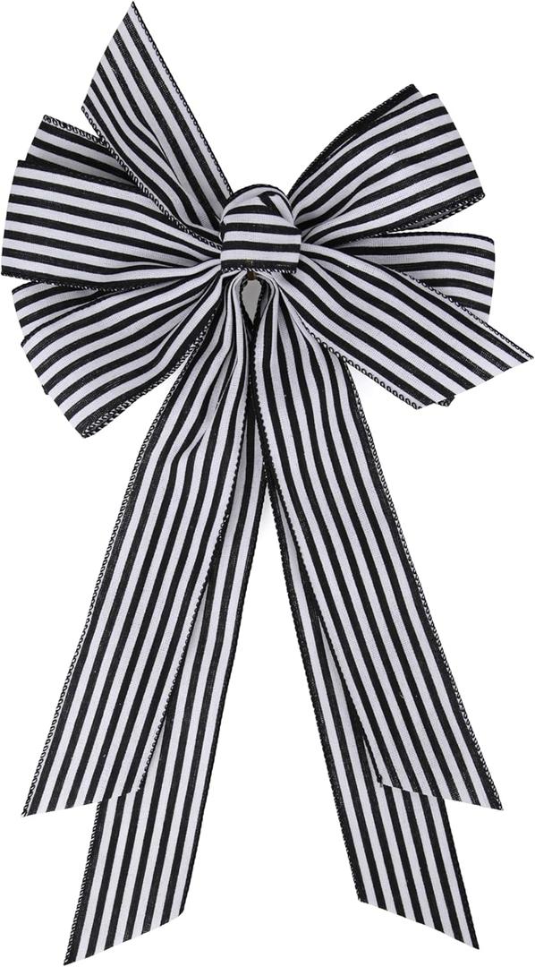 Large Christmas Black and White Striped Ribbon Bow 20 x 11 Inch Farmhouse Stripes Wreath Bows for Christmas Door Wreath Home Decorations Tree Topper Party (BW-Striped)
