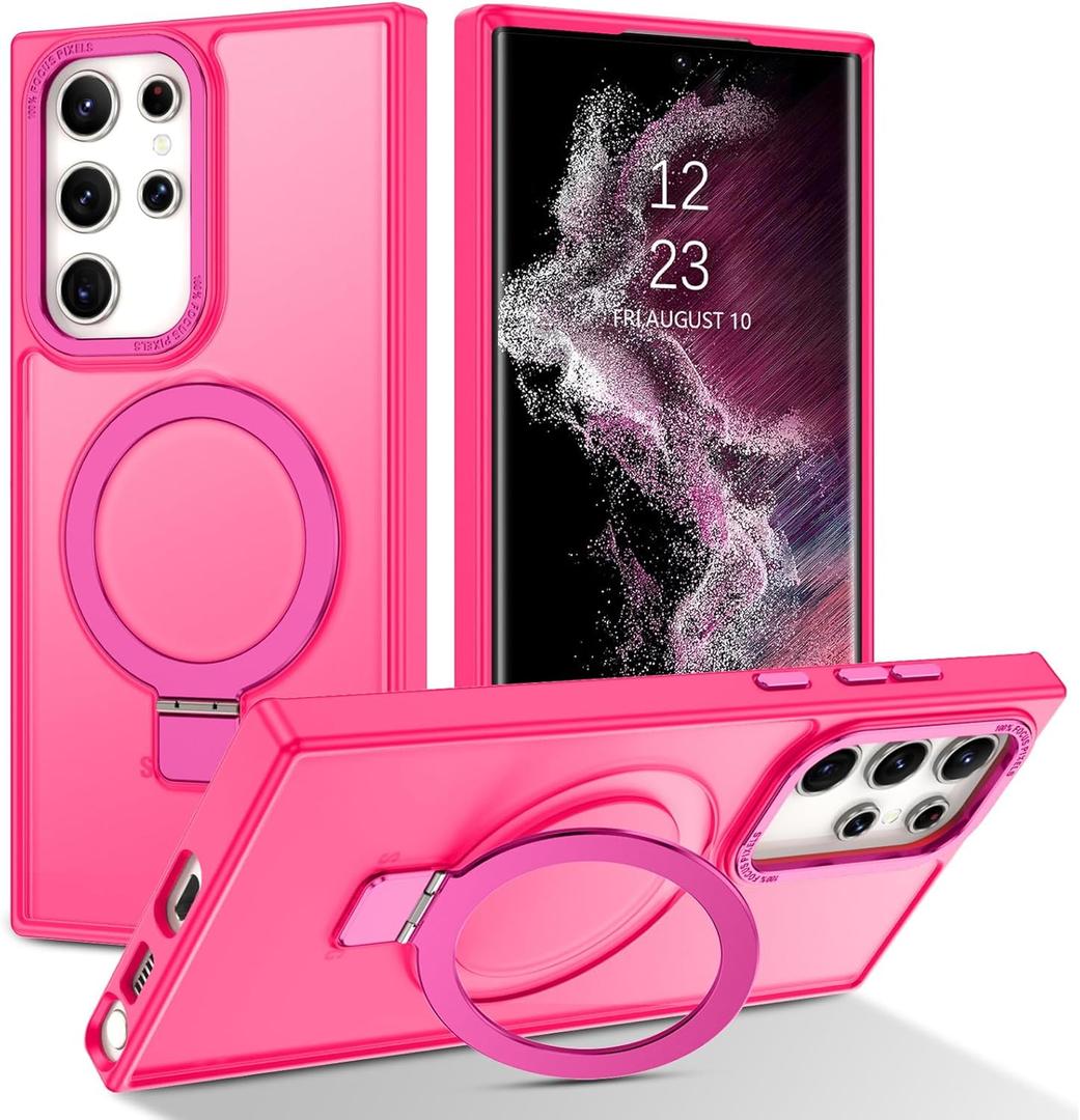 DUEDUE for Samsung Galaxy S22 Ultra Case with Ring Stand[Compatible with Magsafe], Translucent Matte Back Cover Slim Shockproof Kickstand Phone Case for Samsung S22 Ultra 6.8", Hot Pink
