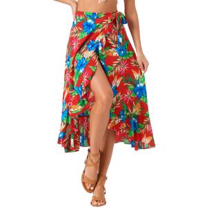 Allegra K Women's Tropical Floral Print Ruffle Self Tie Knot Split Beach Hawaiian Wrap Skirt (Red), XS