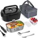 Vabaso Electric Lunch Box for Adults, 80W Heated LunchBox Portable Food Warmer Lunch Box for Work/Men/Car/Truck with 1.5L 304 Stainless Steel Container Fork & Spoon, 110V/12V/24V (Black)