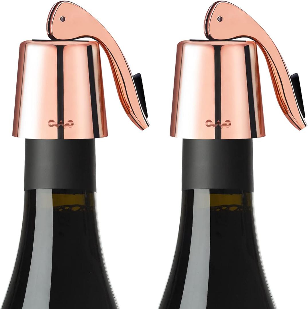 OWO Stainless Steel Wine Bottle Stopper, Reusable Wine Saver with Silicone Seal, Decorative Bottle Sealer, Keeps Fresh (Rosegold, 2 Pack)