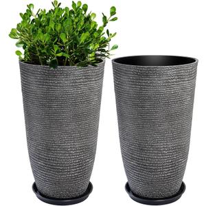 QCQHDU Large Tall Dark Gray Planters Set of 2-9 Gallon 12" Round Outdoor Planters for Front Door & Patio, Faux Stone Indoor Plant Pots with Tray, Porch Decor Plant Containers, 21in