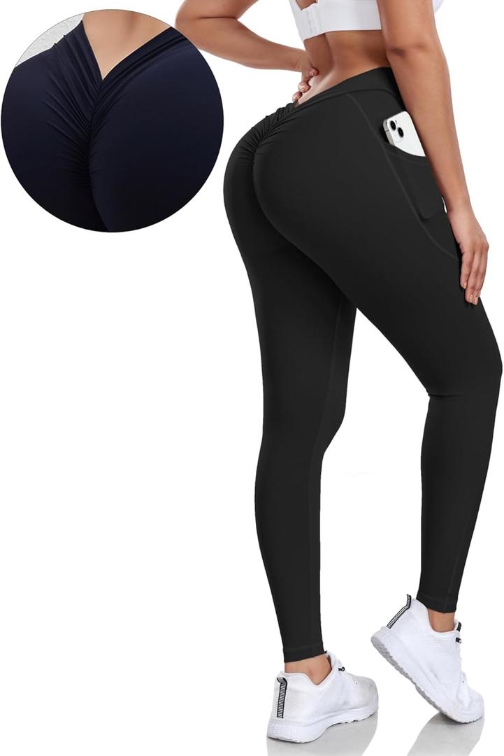 V Back Scrunch Butt Leggings for Women with Pocket Butt Lifting Leggings Tummy Control Booty Lifting Leggings (X-Large, Black)