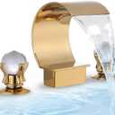 YAGATAP Gold Bathroom Sink Faucet 3 Hole 2 Handle Crystal Knobs High Arc Waterfall Spout Vanity Basin Mixer Tap 8-inchUpwards Widespread Bathtub Filler Faucet