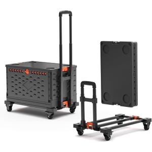 2 in 1 Folding Hand Truck Dolly Cart with Basket Collapsible Portable Hand Truck 330LBS Capacity, Telescoping Handle, Moving Dolly Cart Lightweight & Compact for Easy Transport & Storage, Black